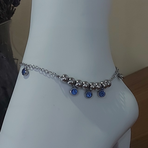 Blue CZ Anklet Rhodium Plated,316L S.Steel - Picture 7 of 9